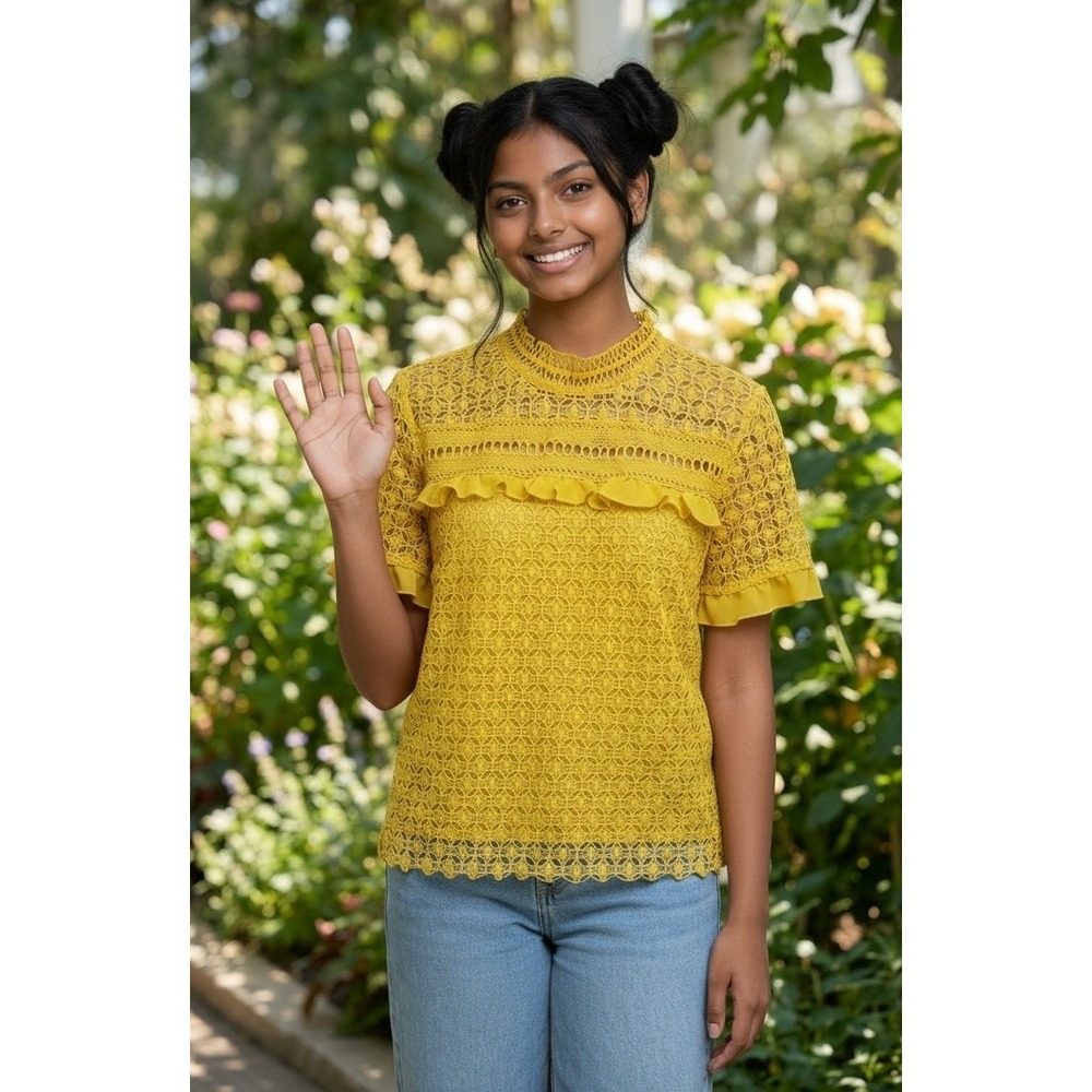 Alythea Womens Mustard Yellow Crochet Lace Mock Neck Ruffle Blouse Size M